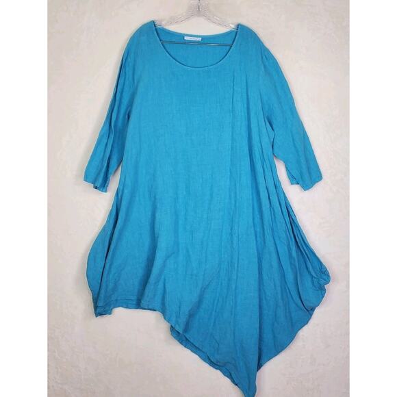 Bryn Walker Dresses & Skirts - Bryn Walker Dress 1X Blue Linen Asymmetrical 3/4 Sleeve Lagenlook USA Made Flowy